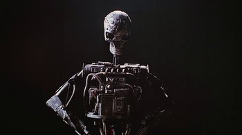 Movie still from “Hellraiser: Bloodline” (1996), directed by Kevin Yagher – The head of a robot; Close Up shot, Low angle