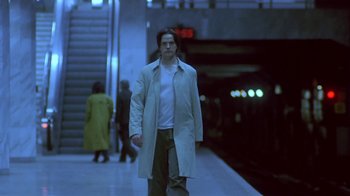 Movie still from “Hellraiser: Deader” (2005), directed by Rick Bota – A man walking down a ramp at night; Wide shot, Low angle