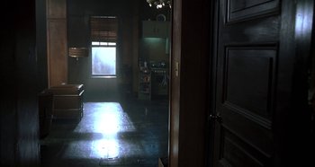 Movie still from “Hellraiser: Hellseeker” (2002), directed by Rick Bota – A kitchen with a stove , sink , and a window in it; Extreme Wide shot, High angle