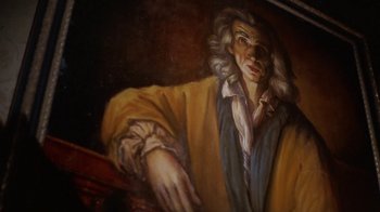 Movie still from “Hellraiser: Hellworld” (2005), directed by Rick Bota – A painting of a man in a yellow jacket; Close Up shot, Low angle