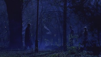 Movie still from “Hellraiser: Hellworld” (2005), directed by Rick Bota – Two people walking through a forest at night; Wide shot, Low angle