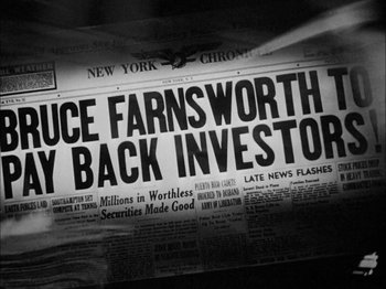 Movie still from “Here Comes Mr. Jordan” (1941), directed by Alexander Hall – An old newspaper with the headline " bruce farnsworth to buy back investors "; Extreme Close Up shot, Overhead angle