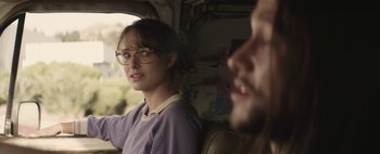 Movie still from “Hesher” (2010), directed by Spencer Susser – A woman sitting next to a man in a car; Close Up shot, Over the shoulder angle