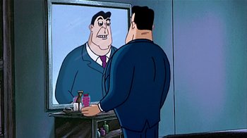 Movie still from “Hey Arnold! The Movie” (2002), directed by Tuck Tucker – A man looking at himself in the mirror in front of a bathroom mirror; Medium shot, Over the shoulder angle