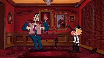 Movie still from “Hey Arnold! The Movie” (2002), directed by Tuck Tucker – A man in a suit holding a box in front of a boy in a suit; Wide shot, High angle
