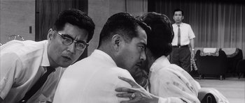 Movie still from “High and Low” (1963), directed by Akira Kurosawa – A black and white photo of three men; Close Up shot, Over the shoulder angle