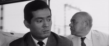 Movie still from “High and Low” (1963), directed by Akira Kurosawa – A man in a suit and tie next to another man in a suit and tie; Close Up shot, Over the shoulder angle