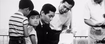 Movie still from “High and Low” (1963), directed by Akira Kurosawa – A black and white photo of a man and two men; Medium shot, High angle