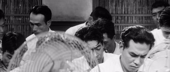 Movie still from “High and Low” (1963), directed by Akira Kurosawa – A black and white photo of a group of people; Close Up shot, High angle