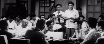 Movie still from “High and Low” (1963), directed by Akira Kurosawa – A black and white photo of a group of people; Medium shot, High angle