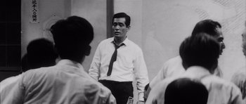 Movie still from “High and Low” (1963), directed by Akira Kurosawa – Black and white photograph of a man wearing a tie; Medium shot, Low angle