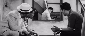 Movie still from “High and Low” (1963), directed by Akira Kurosawa – Two men are sitting in front of a mirror; Medium shot, Over the shoulder angle