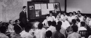 Movie still from “High and Low” (1963), directed by Akira Kurosawa – A group of people sitting in front of a board; Wide shot, Over the shoulder angle