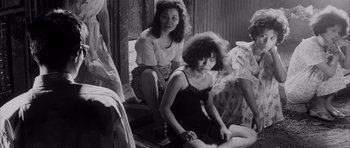 Movie still from “High and Low” (1963), directed by Akira Kurosawa – A woman and a girl sitting on a bed; Medium shot, Low angle