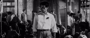Movie still from “High and Low” (1963), directed by Akira Kurosawa – A man in a white dress shirt and a tie; Medium shot, Low angle