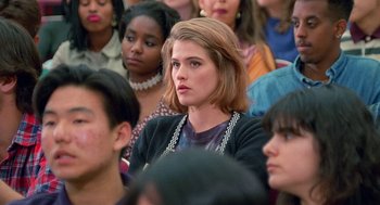 Movie still from “Higher Learning” (1995), directed by John Singleton – A group of young people sitting in a room; Close Up shot, Over the shoulder angle
