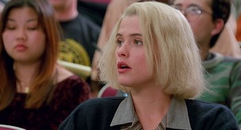 Movie still from “Higher Learning” (1995), directed by John Singleton – A person with blonde hair; Close Up shot, Over the shoulder angle