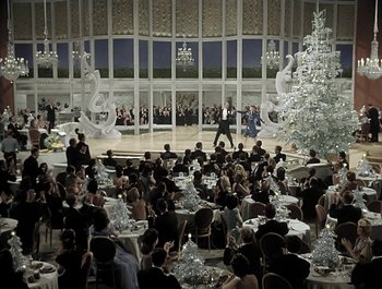 Movie still from “Holiday Inn” (1942), directed by Robert Allen – A group of people sitting around a room; Extreme Wide shot, High angle