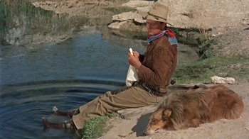 Movie still from “Hondo” (1953), directed by John Farrow – A man sitting next to a dog in a body of water; Wide shot, Over the shoulder angle