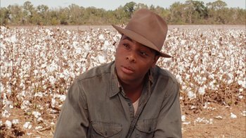 Movie still from “Honeydripper” (2007), directed by John Sayles – A man wearing a hat sitting in front of a field of cotton; Close Up shot, Over the shoulder angle