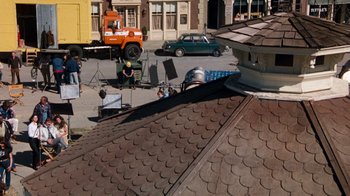 Movie still from “Hooper” (1978), directed by Hal Needham – An aerial view of an outdoor scene with cars and people; Extreme Wide shot, High angle