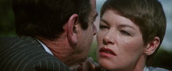 Movie still from “Hopscotch” (1980), directed by Ronald Neame – A man and a woman face each other in a field; Close Up shot, Over the shoulder angle