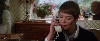 Movie still from “Hopscotch” (1980), directed by Ronald Neame – A woman talking on a phone while sitting at a desk; Close Up shot, Low angle