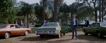 Movie still from “Hopscotch” (1980), directed by Ronald Neame – Two men standing next to an old green car; Wide shot, Low angle