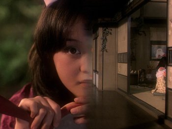 Movie still from “House” (1977), directed by Nobuhiko Ôbayashi – A young girl is looking at the camera through a glass window; Close Up shot, High angle