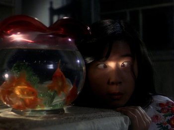 Movie still from “House” (1977), directed by Nobuhiko Ôbayashi – A girl looking at a bowl of fish in the dark; Close Up shot, High angle