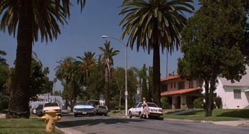 Movie still from “House Party 3” (1994), directed by Eric Meza – A woman standing on the side of the street next to a car; Extreme Wide shot, Low angle