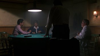 Movie still from “House of Games” (1987), directed by David Mamet – A group of people sitting around a table playing cards; Wide shot, Over the shoulder angle