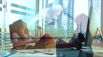 Movie still from “How High 2” (2019), directed by Bruce Leddy – A woman sitting in front of a large window; Wide shot, Low angle