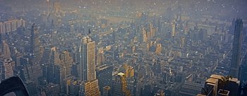 Movie still from “How to Marry a Millionaire” (1953), directed by Jean Negulesco – An aerial view of a large city at night; Extreme Wide shot, High angle