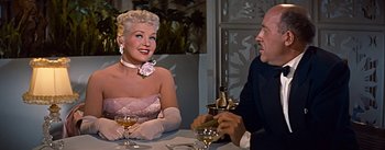 Movie still from “How to Marry a Millionaire” (1953), directed by Jean Negulesco – A man and a woman sitting at a dinner table; Medium shot, Over the shoulder angle