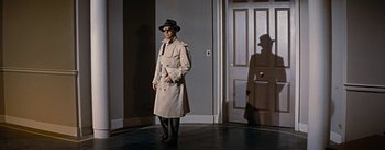 Movie still from “How to Marry a Millionaire” (1953), directed by Jean Negulesco – A man in a trench coat and hat standing in front of an open door; Wide shot, Low angle
