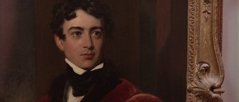 Movie still from “Howards End” (1992), directed by James Ivory – A painting of a young man in a red jacket; Close Up shot, Low angle