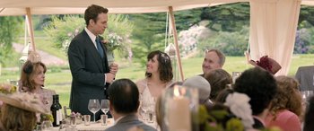Movie still from “I Give It a Year” (2013), directed by Dan Mazer – A man and a woman at a table with wine glasses; Medium shot, Over the shoulder angle