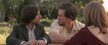 Movie still from “I Heart Huckabees” (2004), directed by David O. Russell – Two men sitting at a table talking to each other; Close Up shot, Over the shoulder angle
