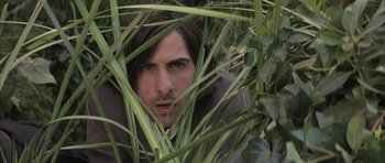 Movie still from “I Heart Huckabees” (2004), directed by David O. Russell – A man hiding behind some grass in a field; Close Up shot, High angle