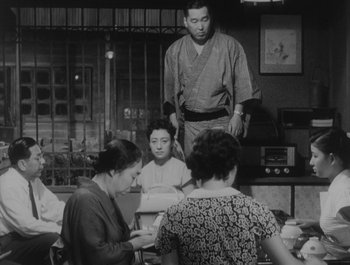 Movie still from “I Live in Fear” (1955), directed by Akira Kurosawa – A group of people sitting around a table; Medium shot, Over the shoulder angle