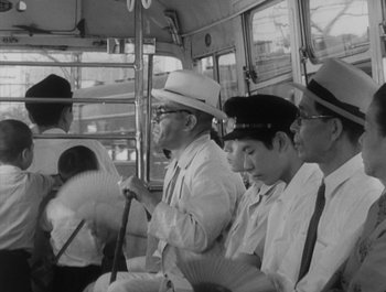 Movie still from “I Live in Fear” (1955), directed by Akira Kurosawa – A group of people riding on a bus; Medium shot, High angle