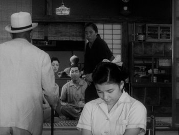 Movie still from “I Live in Fear” (1955), directed by Akira Kurosawa – A black and white photo of people sitting in a room; Medium shot, Over the shoulder angle