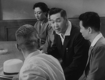 Movie still from “I Live in Fear” (1955), directed by Akira Kurosawa – A black and white photo of a group of people; Medium shot, Over the shoulder angle