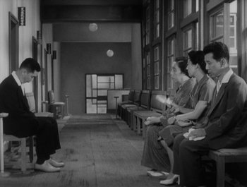 Movie still from “I Live in Fear” (1955), directed by Akira Kurosawa – A group of people sitting on a bench; Wide shot, High angle