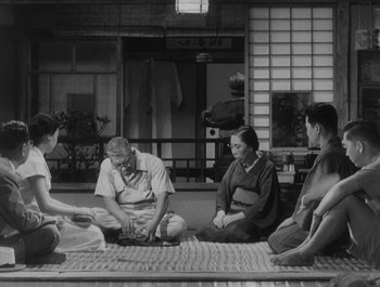 Movie still from “I Live in Fear” (1955), directed by Akira Kurosawa – A group of people sitting on the ground in front of a building; Wide shot, High angle