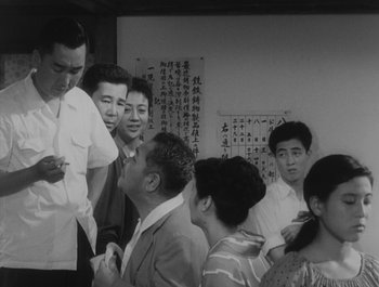 Movie still from “I Live in Fear” (1955), directed by Akira Kurosawa – A black and white photo of a group of men and women; Medium shot, Over the shoulder angle