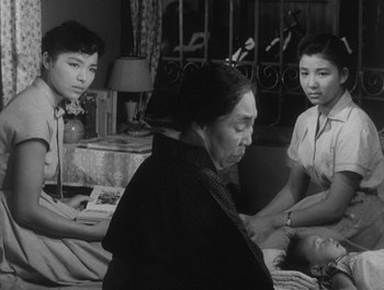 Movie still from “I Live in Fear” (1955), directed by Akira Kurosawa – A group of people sitting on a bed; Medium shot, High angle