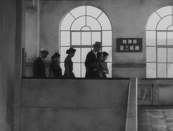 Movie still from “I Live in Fear” (1955), directed by Akira Kurosawa – A group of people standing next to each other on steps; Wide shot, High angle