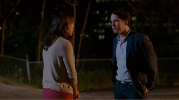 Movie still from “I Love You, Man” (2009), directed by John Hamburg – A man and a woman talking to each other outside at night; Medium shot, Over the shoulder angle